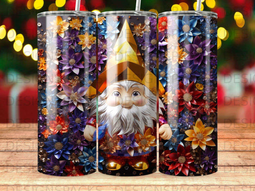 Gnome with floral accents on a tumbler pattern.