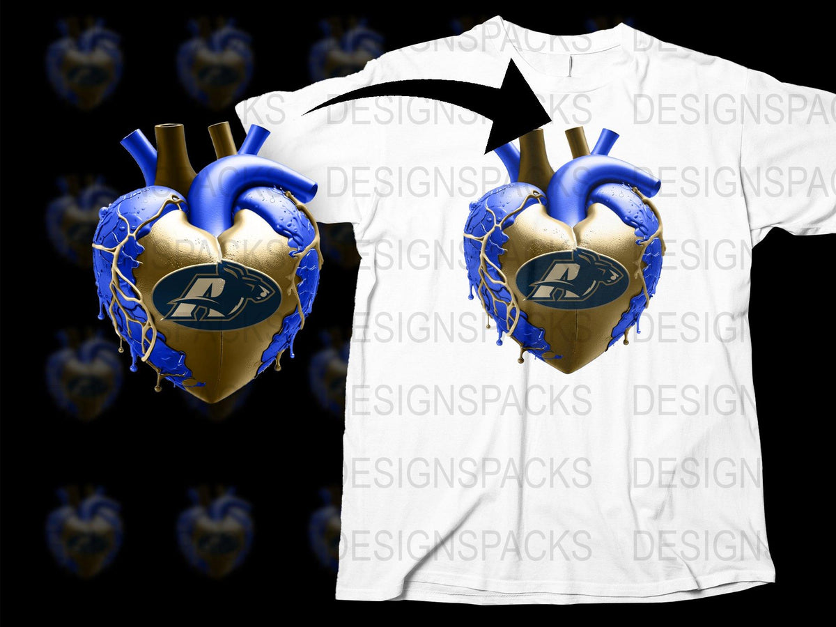 Unique Heart Anatomy Graphic T-Shirt, Blue and Gold Realistic Heart Design, Stylish Unisex Tee