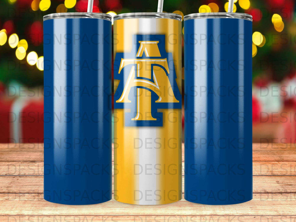 Three insulated tumblers with the Aggie A logo against a background of repeating text.