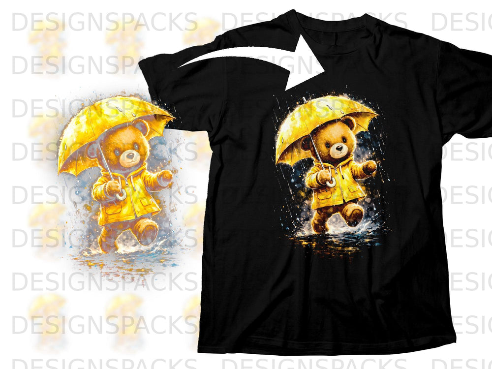 Black t-shirt with a graphic of a teddy bear in a yellow raincoat holding an umbrella.