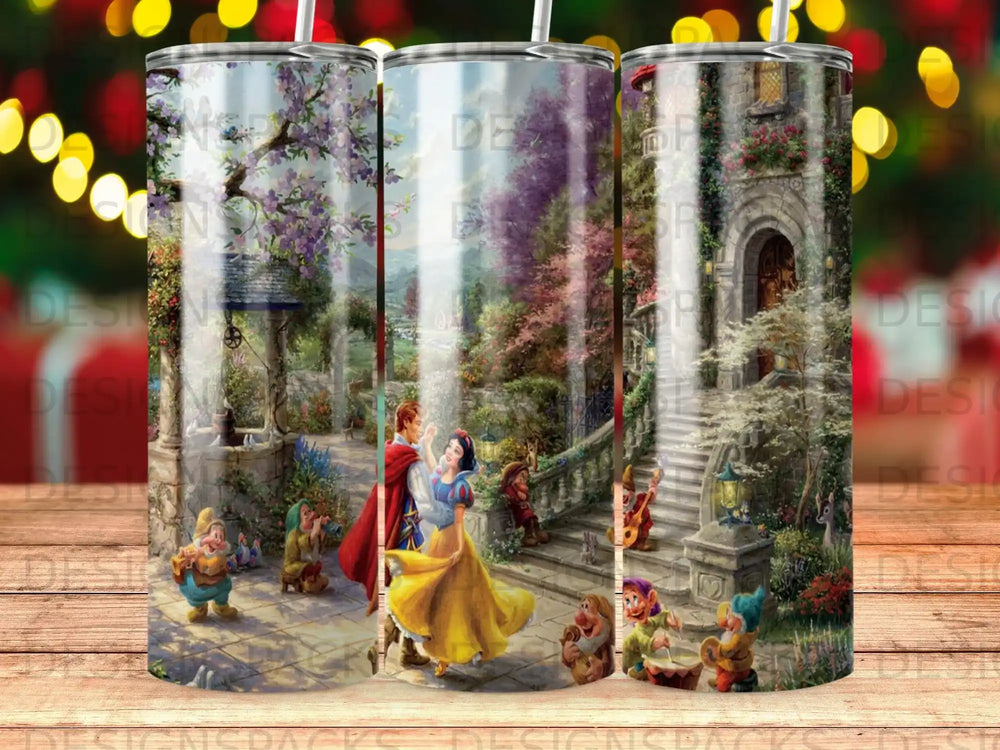 Snow White and Prince Charming dancing in a garden with the Seven Dwarfs.