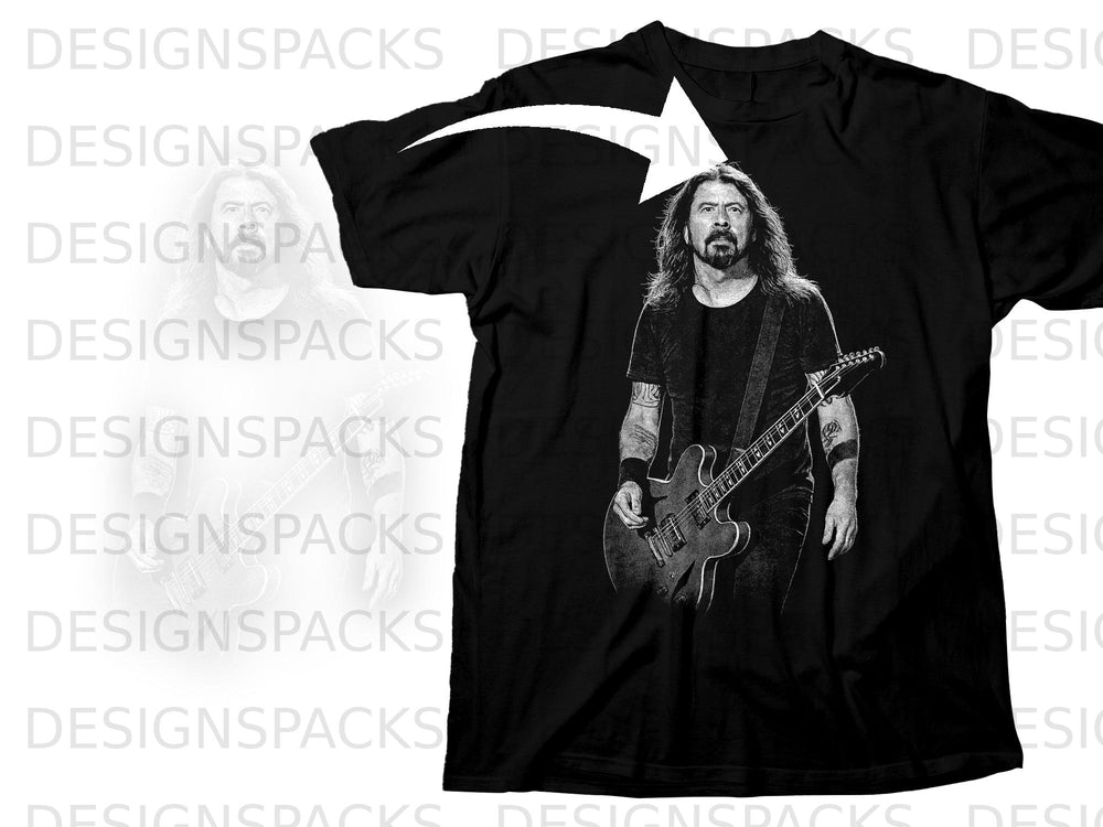 Black t-shirt featuring a black and white graphic of a man with a guitar.