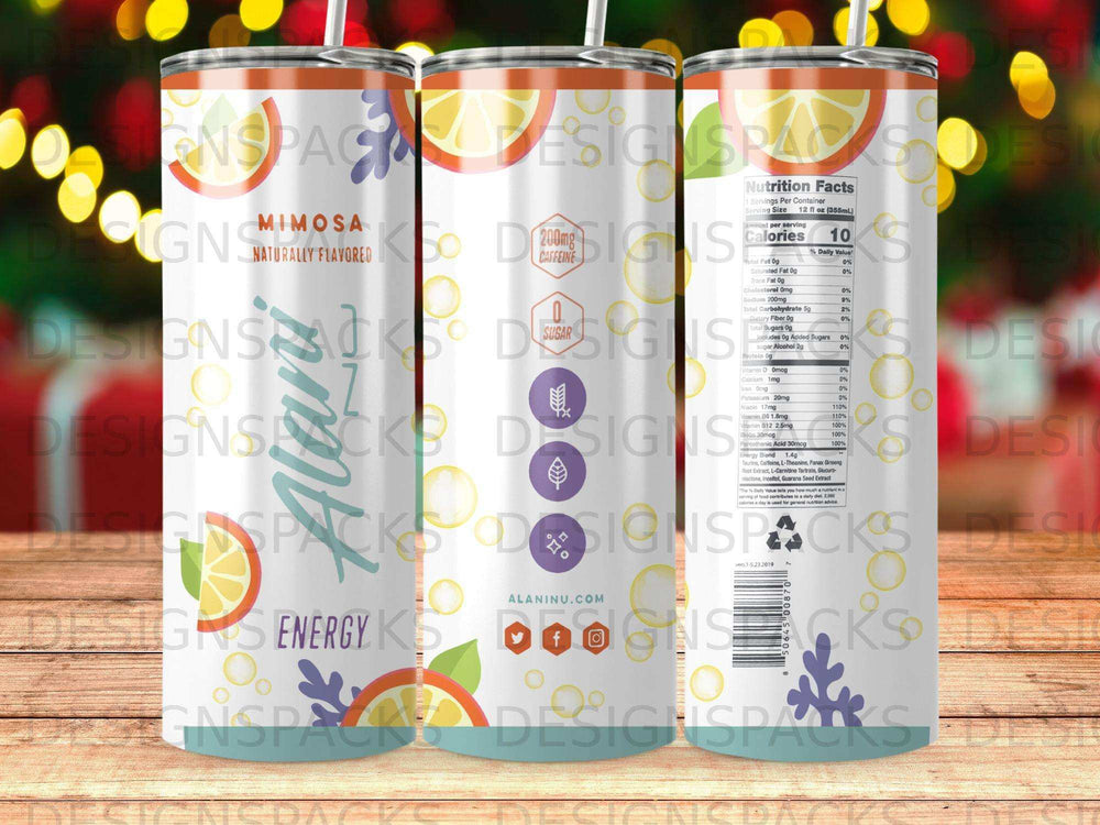 Alani Nu Mimosa flavored energy drink with nutrition facts label.