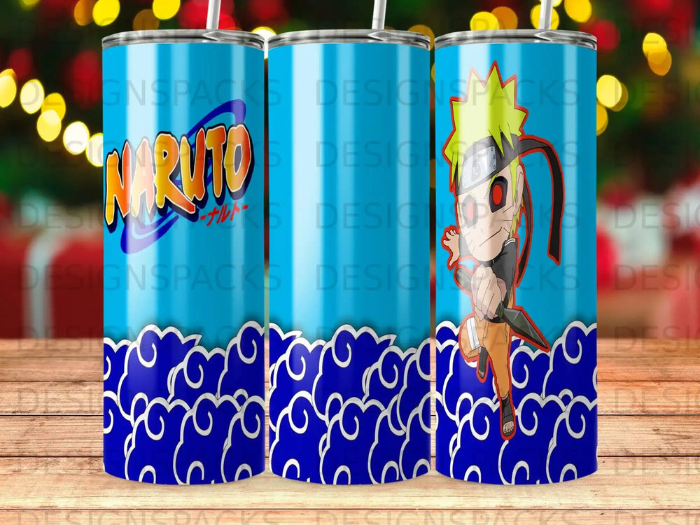 Naruto Shippuden tumbler with blue background and swirling clouds.