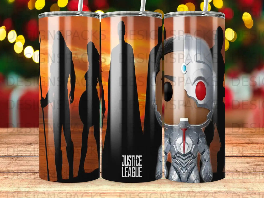 Justice League characters Cyborg, Superman, and Wonder Woman silhouettes on a tumbler.