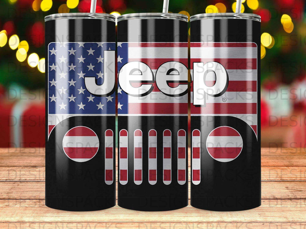 Jeep grille with American flag pattern on a black tumbler.