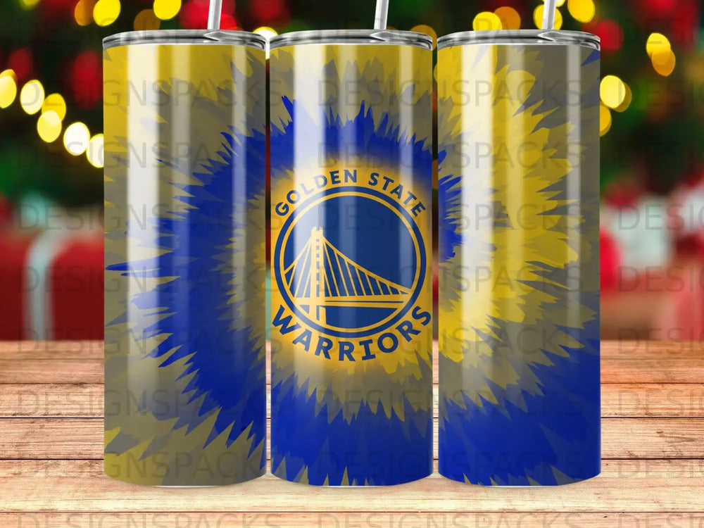 Golden State Warriors logo on a blue and yellow tie-dye tumbler.