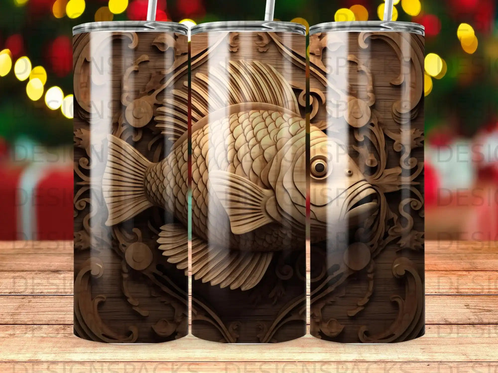 Wooden tumbler with carved fish design and ornate wood background.