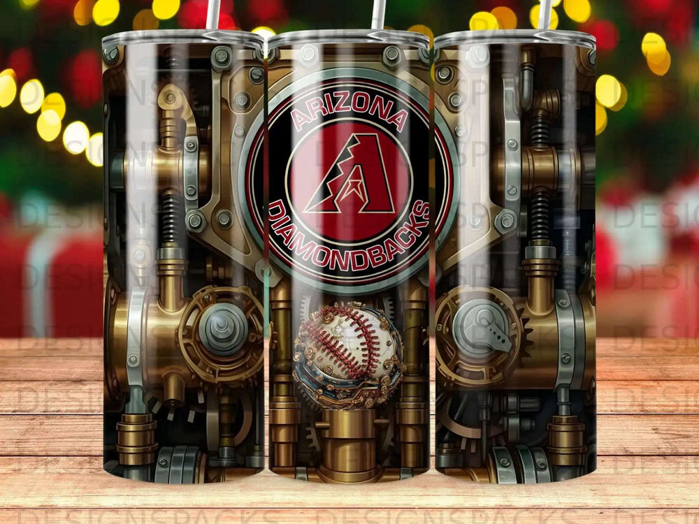 Arizona Diamondbacks logo on a steampunk-themed tumbler with baseball detail.