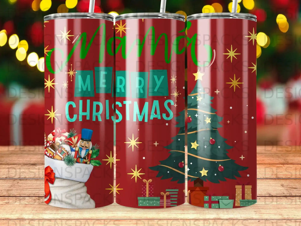 Merry Christmas tumbler with decorated tree and gift bag.
