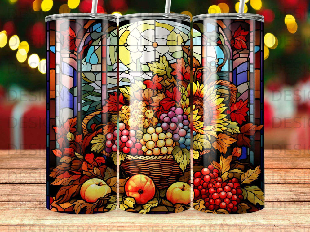 Stained glass design with autumn harvest basket, apples, grapes, and sunflowers.