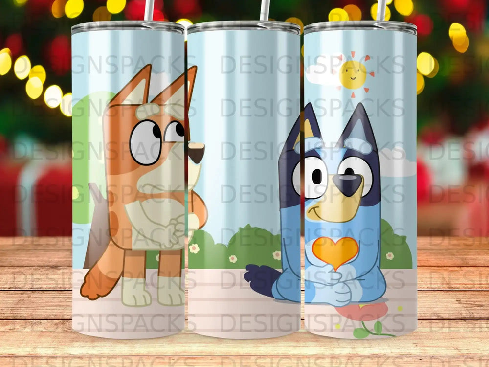 Bluey and Bingo characters on a blue and white striped tumbler with a heart design.