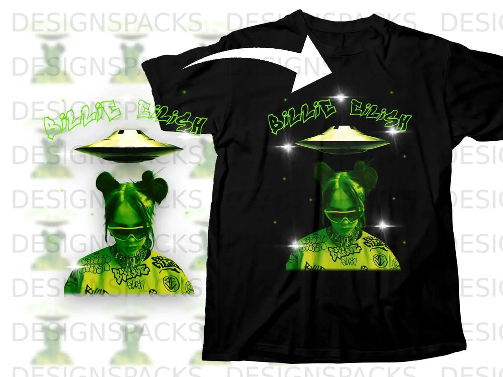 Black t-shirt with "Billie Eilish" text and alien graphic.
