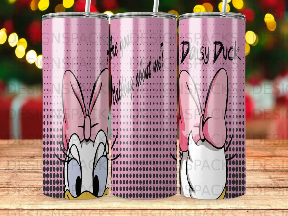 Pink tumbler with Daisy Duck and text "Are you thinking about me?".