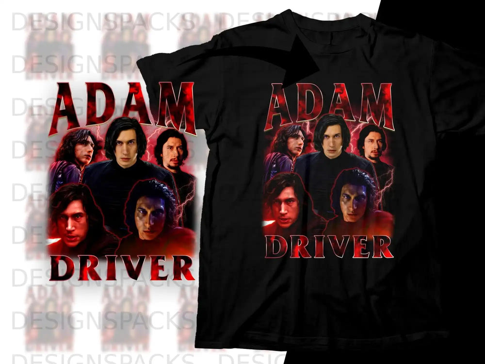 Adam Driver collage graphic on a black t-shirt.