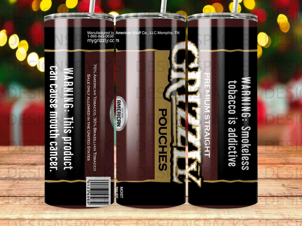 Grizzly Pouches premium straight smokeless tobacco canister with warning labels.
