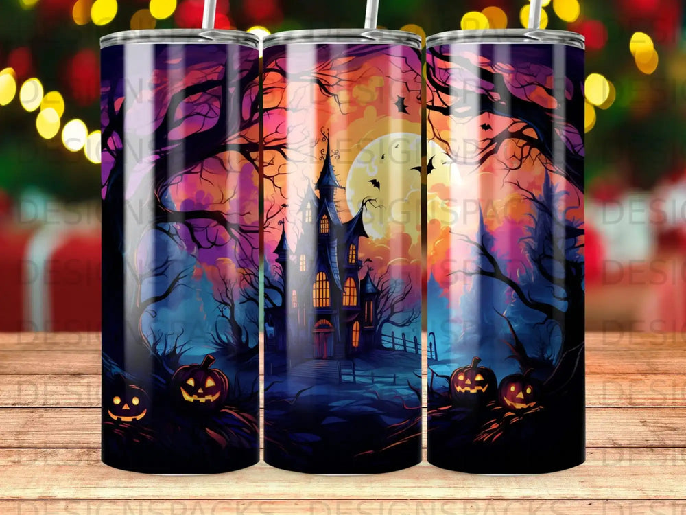 Spooky haunted house with pumpkins and trees under a full moon.