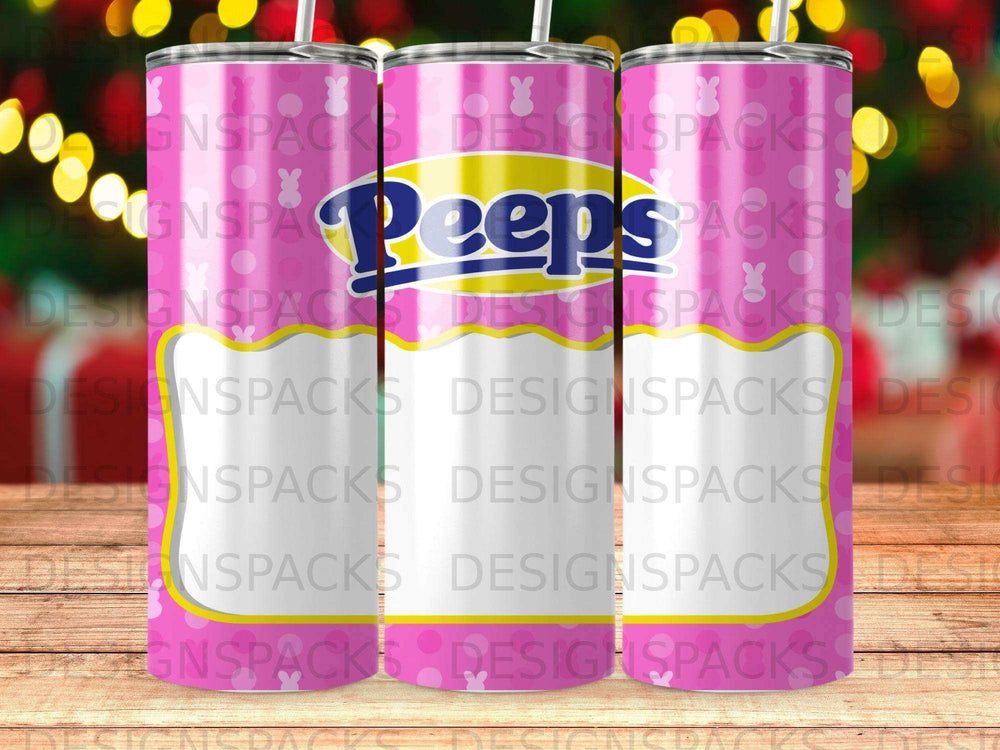 Pink tumbler with Peeps marshmallows logo and colorful background pattern.