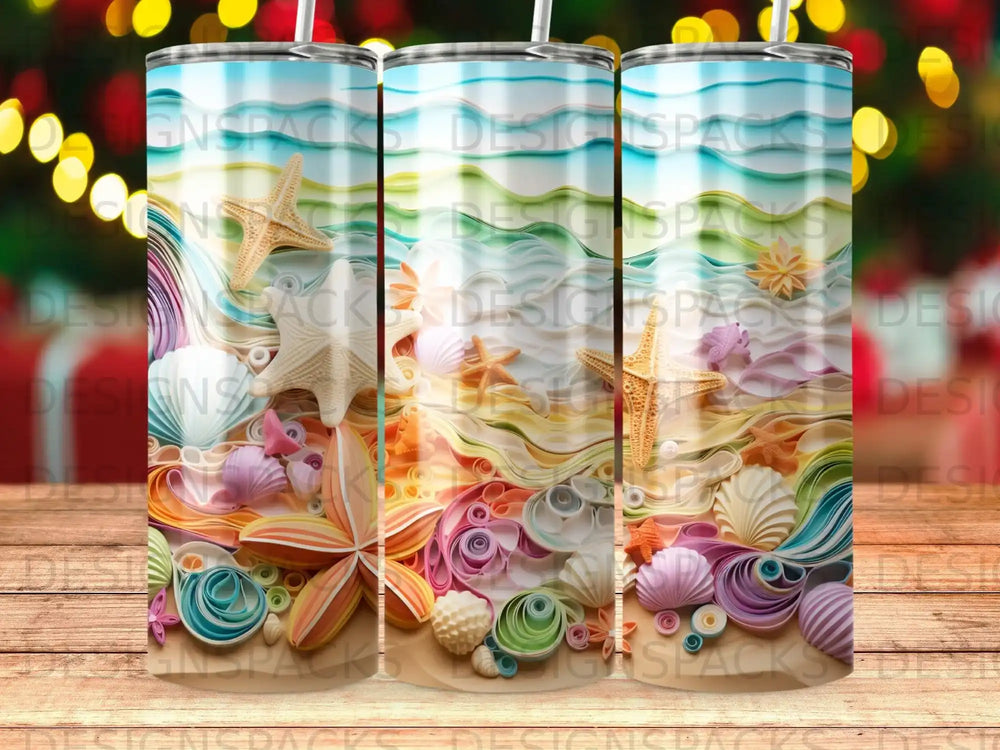 Beach scene with seashells and starfish on sand, a colorful, abstract design.