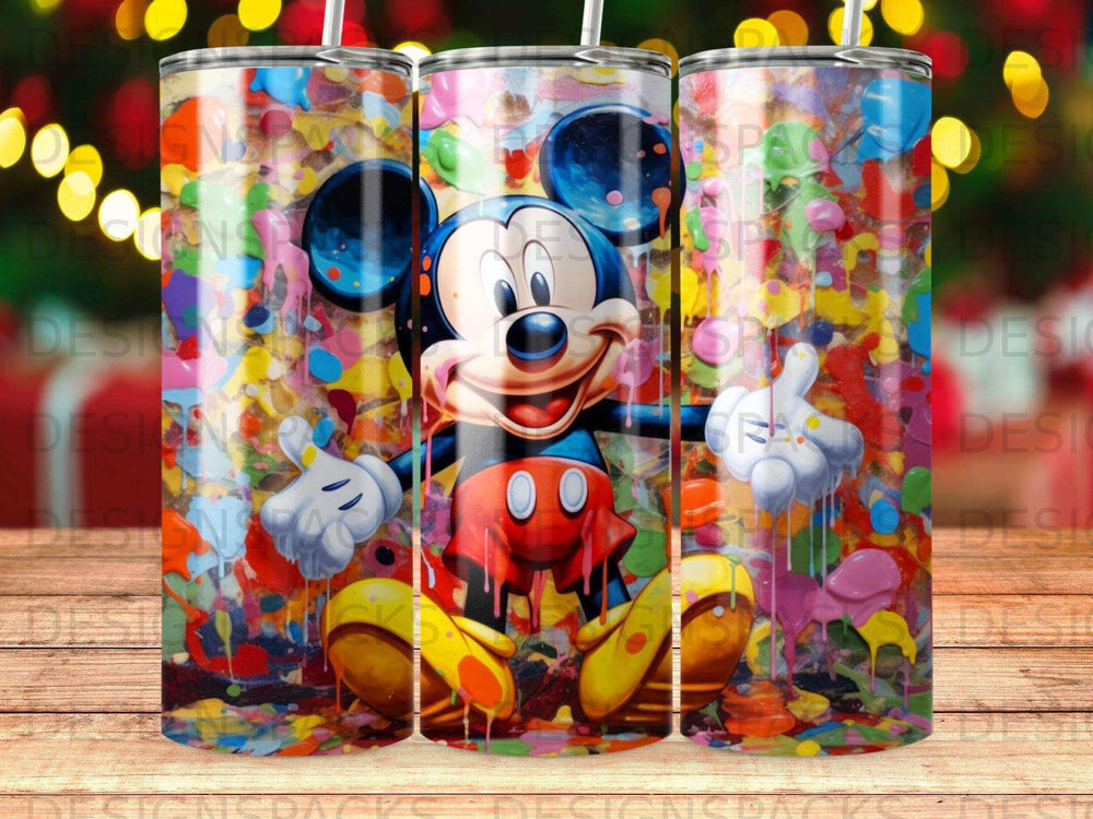 Mickey Mouse smiling with colorful paint splatter background on tumbler.