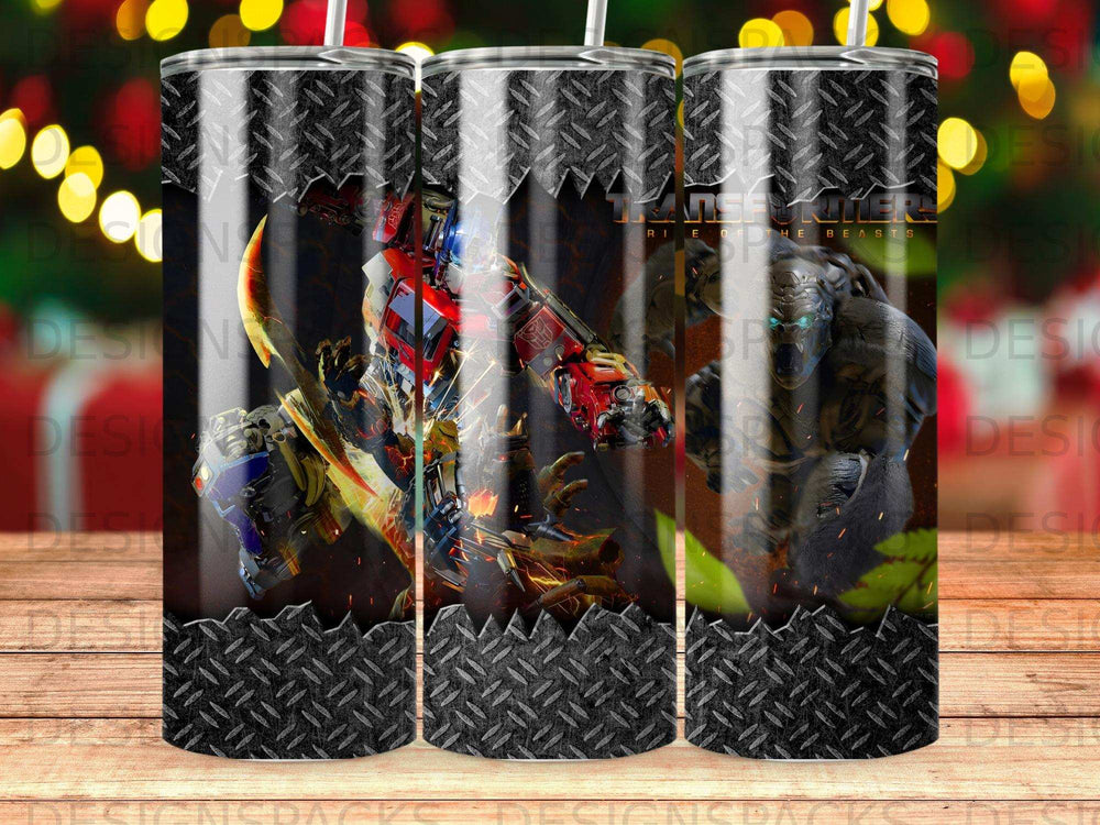 Transformers Rise of the Beasts tumbler featuring Optimus Prime and Rhinox.
