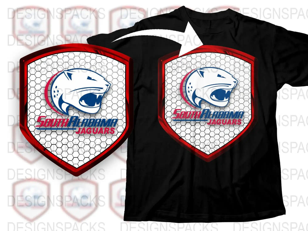 South Alabama Jaguars T-Shirt, Sports Team Graphic Tee, Red and Black, Honeycomb Pattern, Unisex Shirt Design