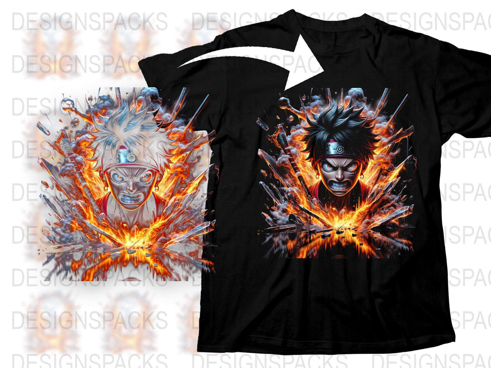 Anime Graphic T-Shirt, Fire Explosion Design, Cool Manga Character Tee, Vibrant Colors, Unisex Clothing