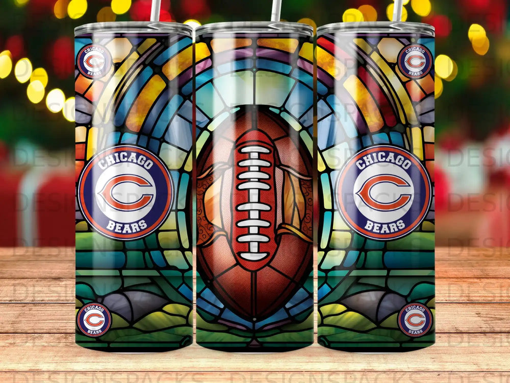 Chicago Bears logo on football stained glass tumbler.