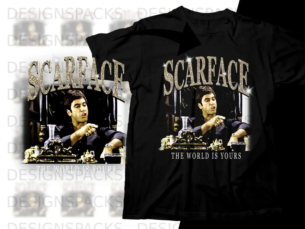 Scarface t-shirt with Al Pacino and "The World Is Yours" text.