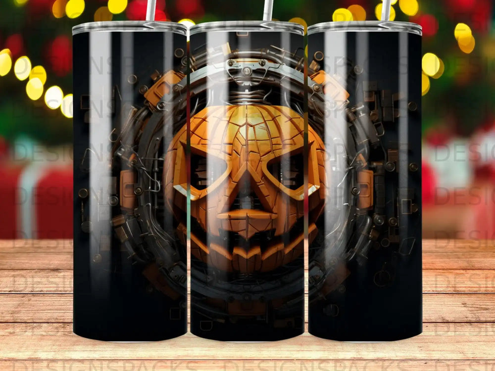 Steampunk pumpkin jack-o'-lantern on a black tumbler with gears.