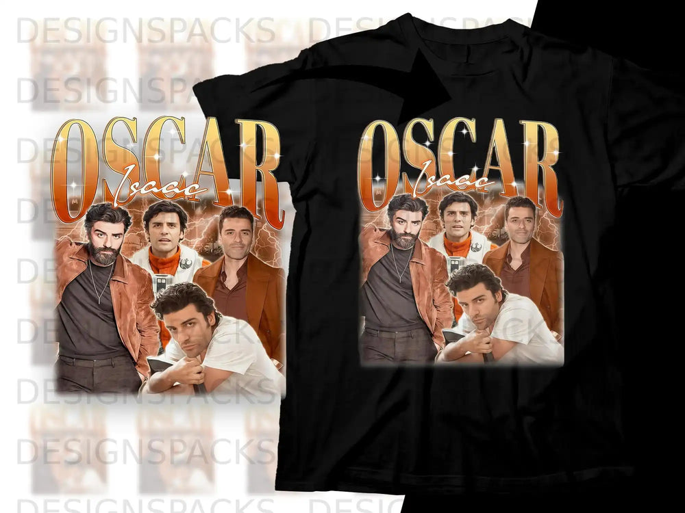 Oscar Isaac on black t-shirt with lightning graphic.