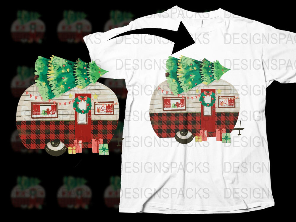 Festive Christmas Camper T-Shirt, Holiday Vintage Red Truck with Tree, Unisex Winter Apparel