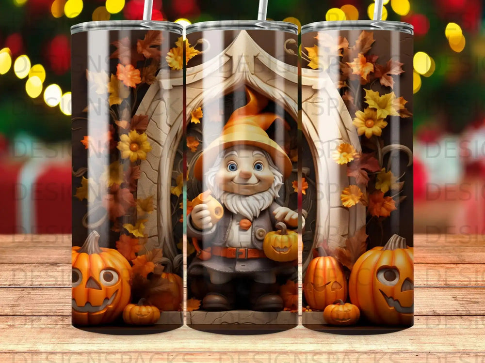 Happy gnome holding a pumpkin, surrounded by pumpkins and autumn leaves.