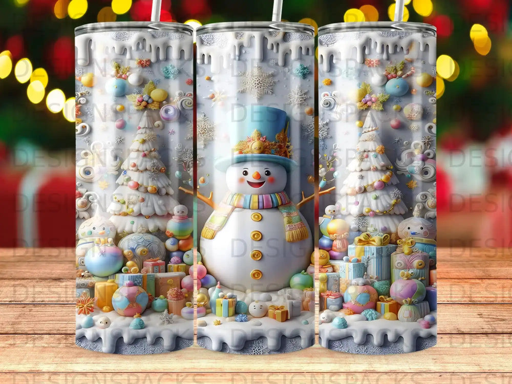Snowman in winter scene with gifts and decorated trees.