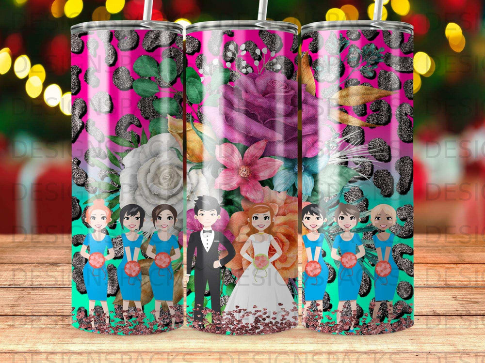 Bride and groom with bridesmaids, leopard print, and floral accents.