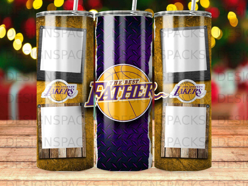 Purple tumbler with Lakers logo and "The Best Father" text.