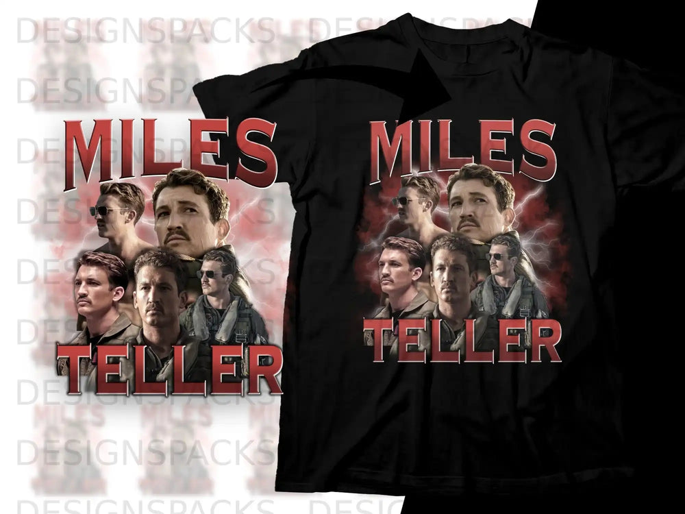 Miles Teller collage with "TELLER" text on black t-shirt.