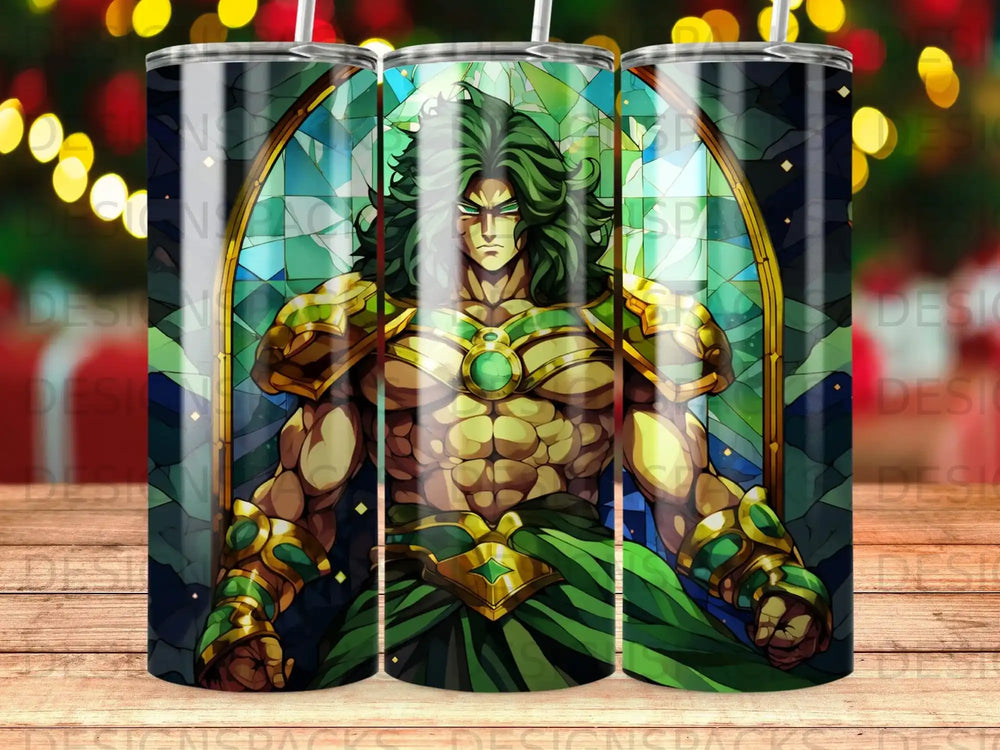 Dragon Ball Z Broly character art on a tumbler with a stained-glass background.