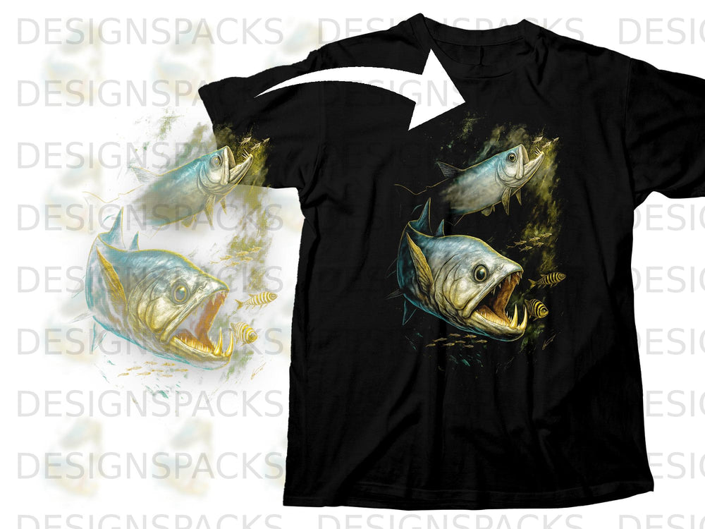Black t-shirt with aggressive predatory fish graphic and schools of small fish.