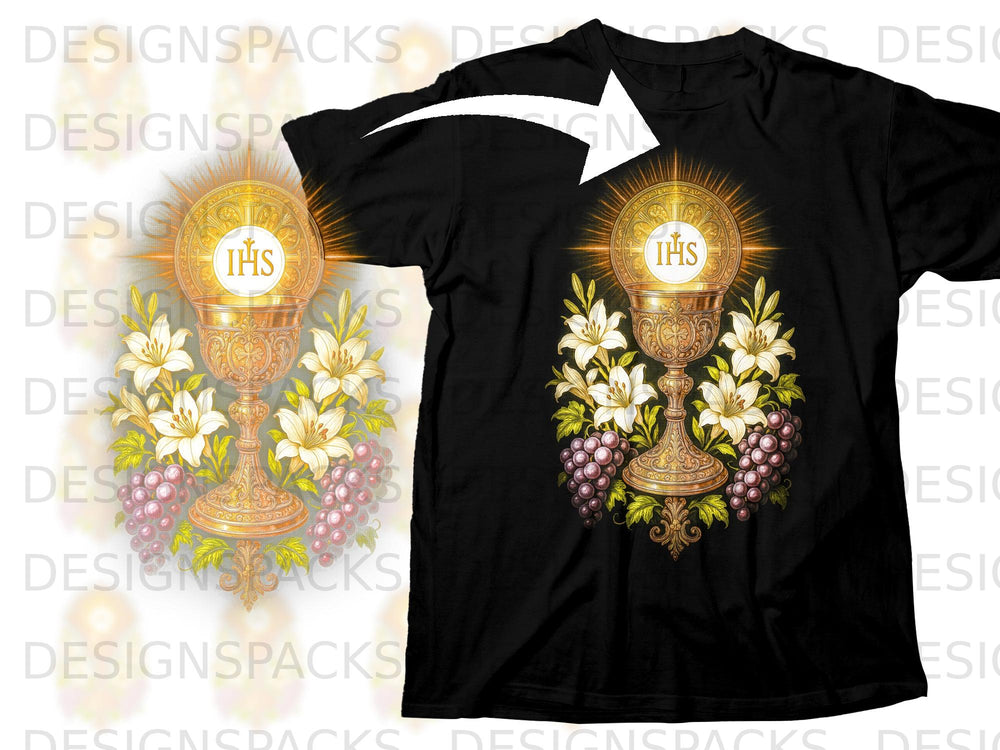 Black t-shirt with a golden chalice, host with IHS, lilies, and grapes design.
