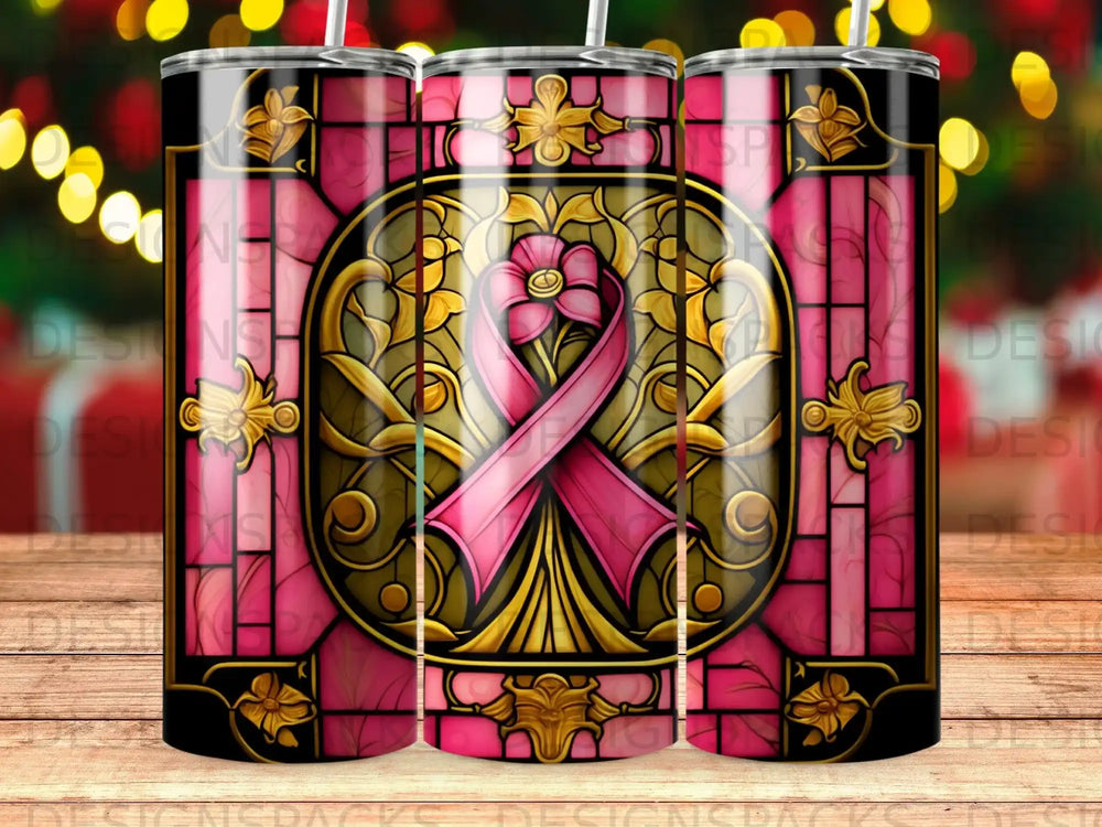 Pink ribbon on stained glass pattern with gold floral accents.
