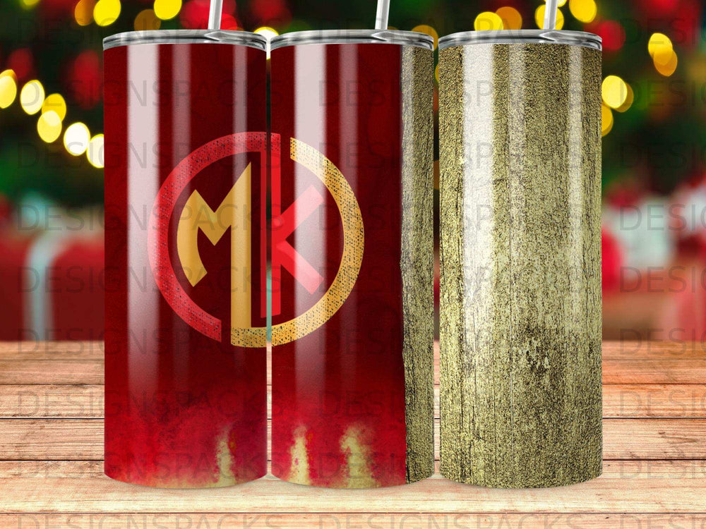 Two stainless steel tumblers, one with MK logo, one with wood grain texture.
