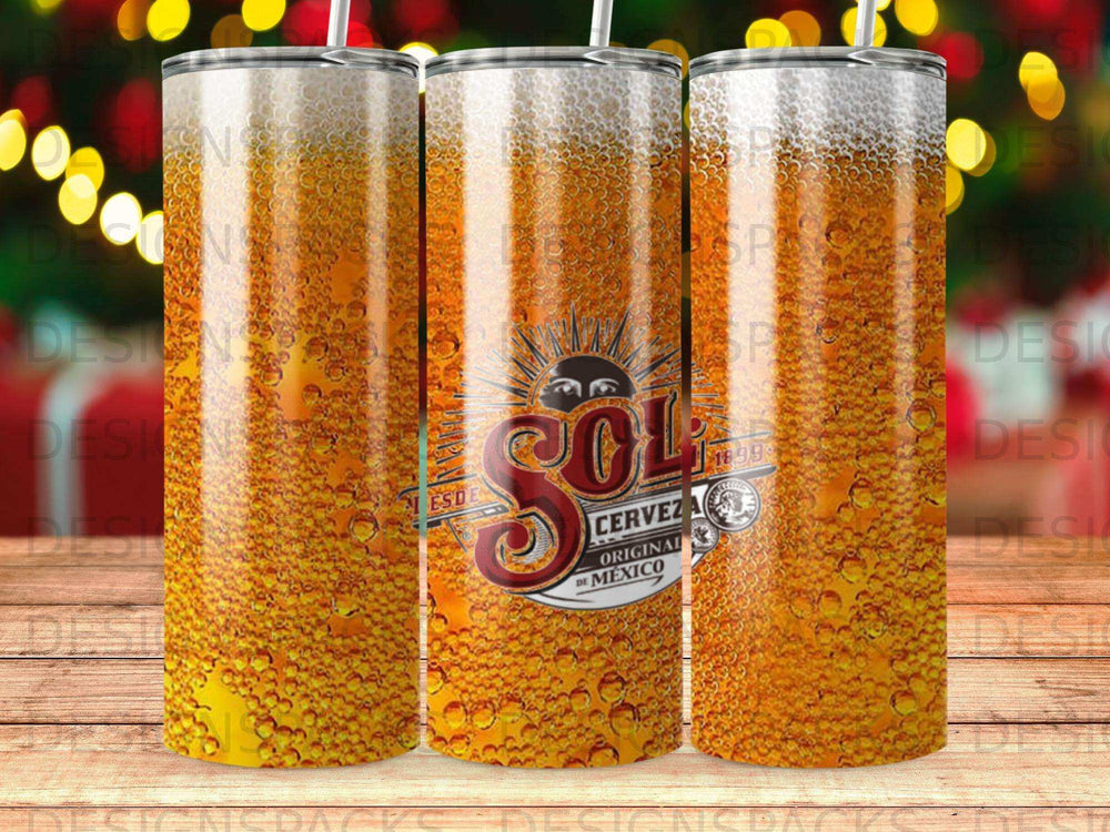 Sol beer logo on a tumbler with a bubbly beer background.