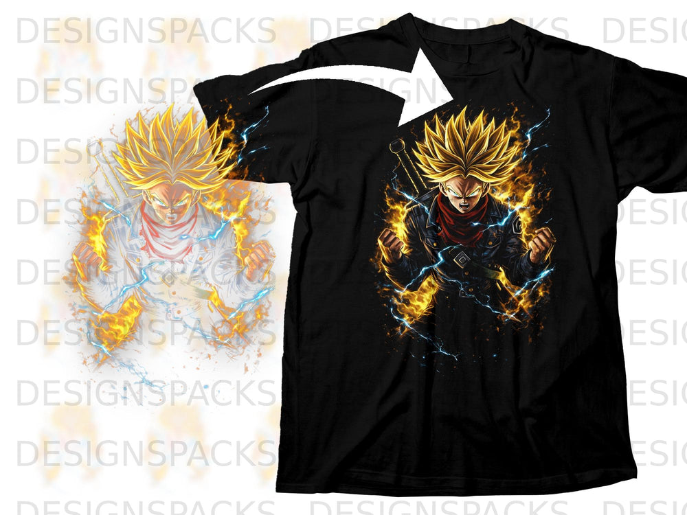 Black t-shirt featuring Dragon Ball Z character Trunks with a sword and glowing energy.