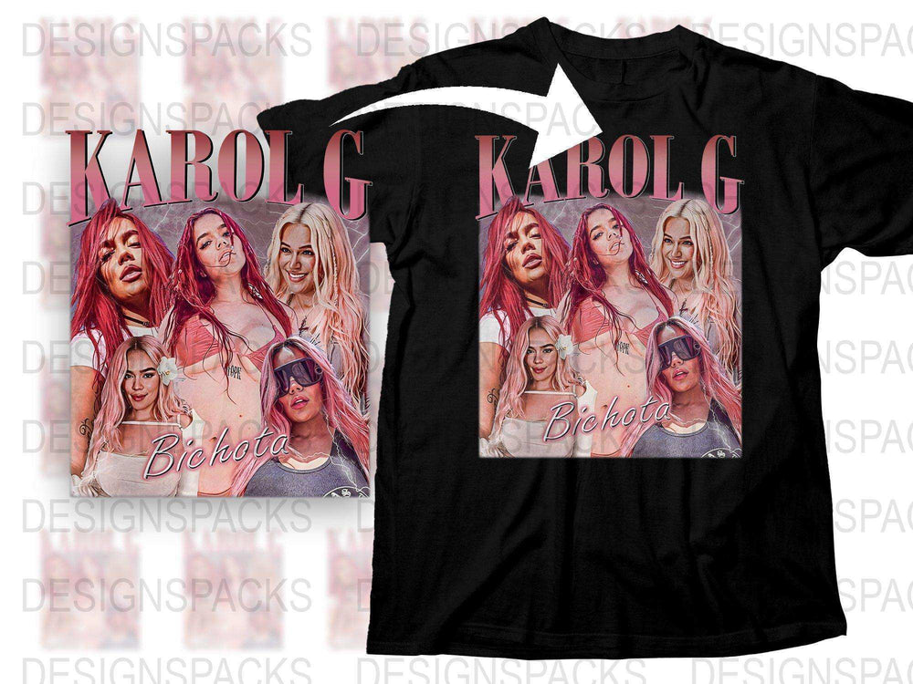 Karol G Bichota Graphic Tee, Black T-Shirt with Pink Art, Women's Fashion, Music Fan Apparel
