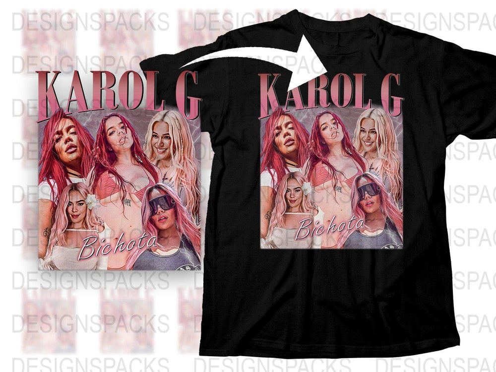 Karol G Bichota Graphic Tee, Black T-Shirt with Pink Art, Women's Fashion, Music Fan Apparel