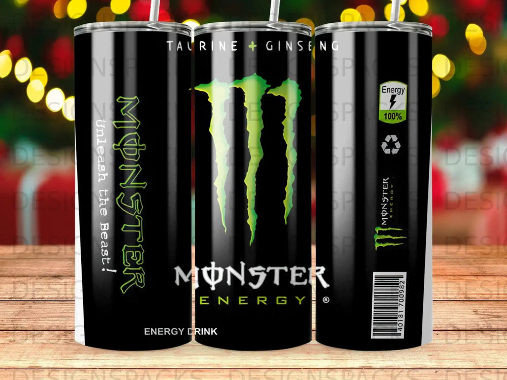 Monster Energy drink can with taurine and ginseng, "Unleash the Beast!" slogan.
