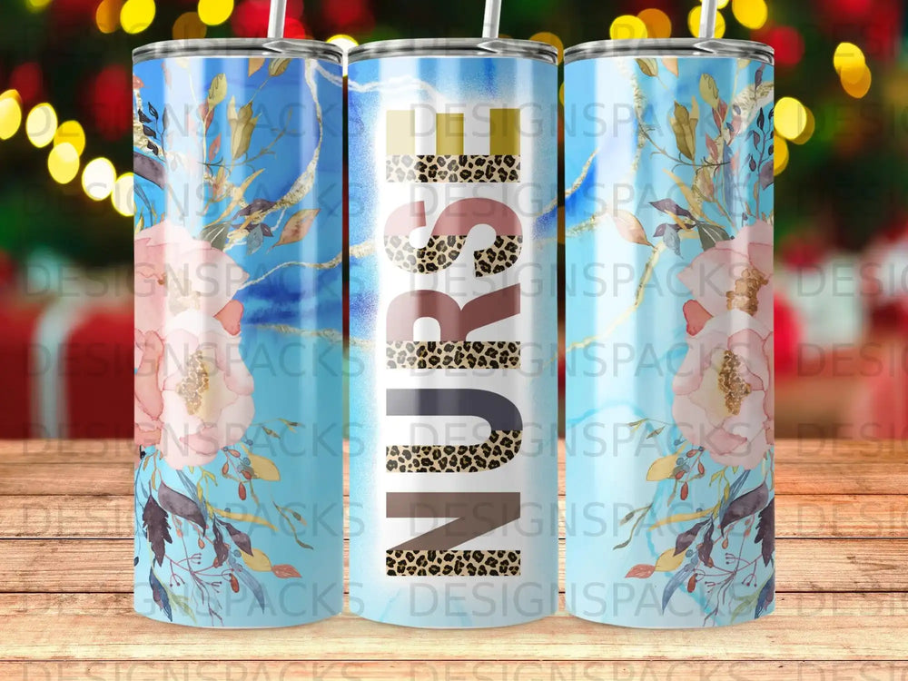 Nurse tumbler with floral and leopard print design.