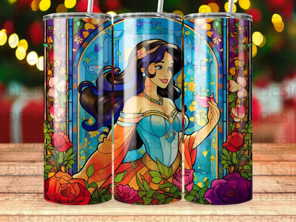 Disney Princess Jasmine illustration with stained glass and roses.