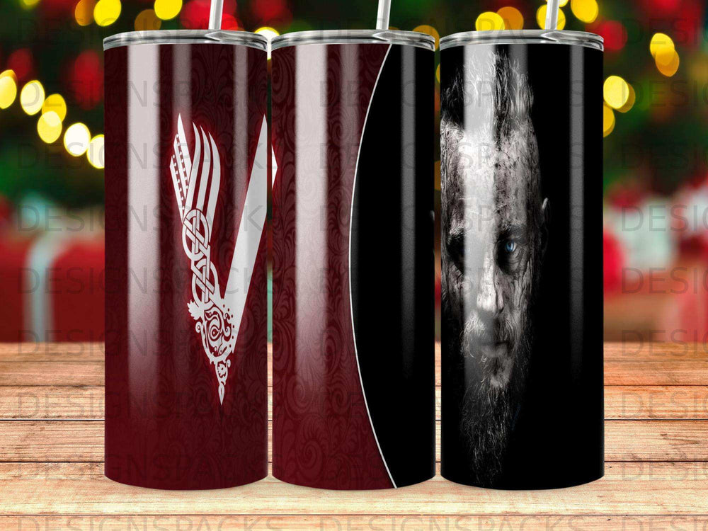 Three tumblers, two with Viking symbols, one with a man's face.